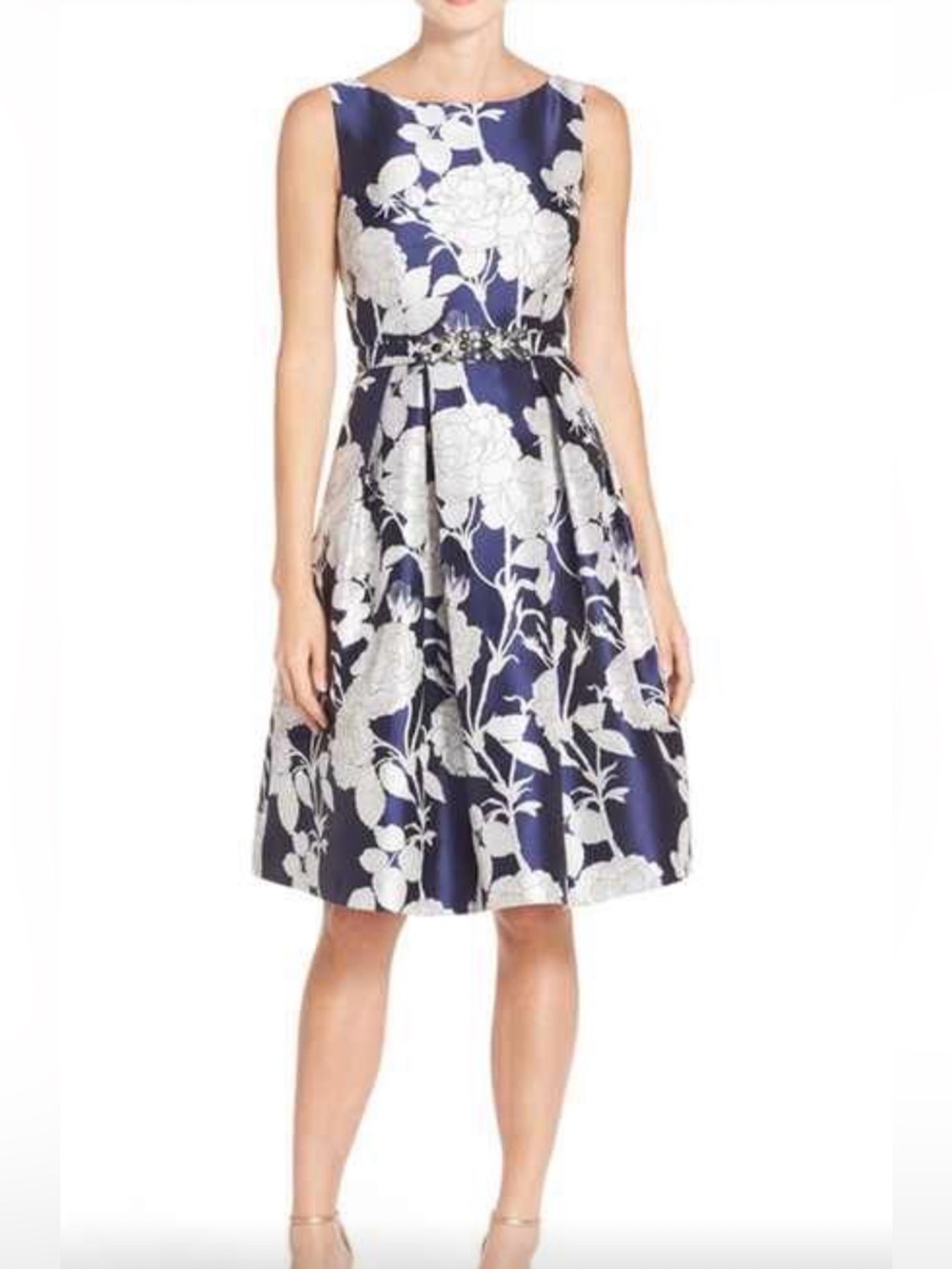 Eliza J Navy and White Floral Midi Fit-and-Flare Dress